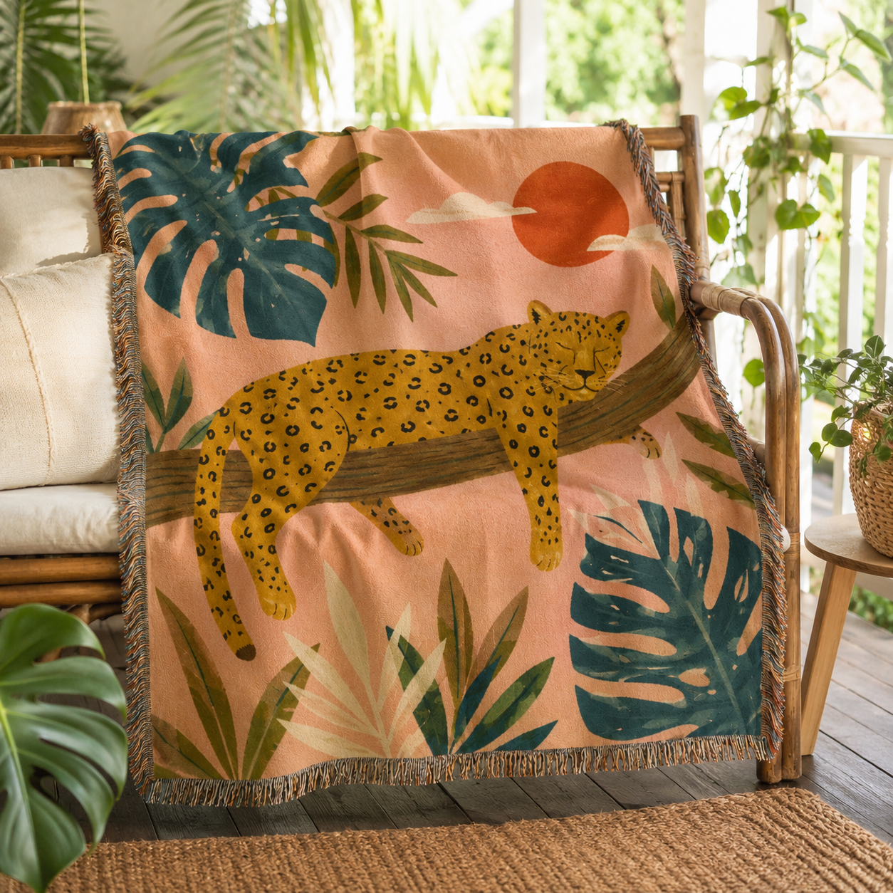 Tropical jaguar woven blanket displayed on a porch bench