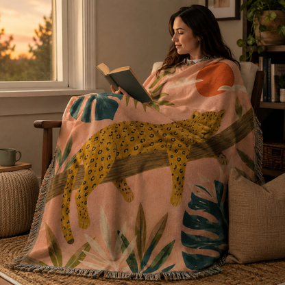 Tropical jaguar woven blanket wrapped around a reader by a window