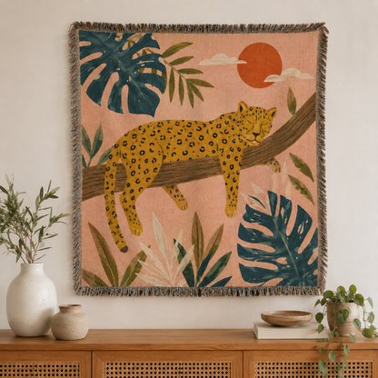Tropical jaguar woven blanket displayed as wall decor