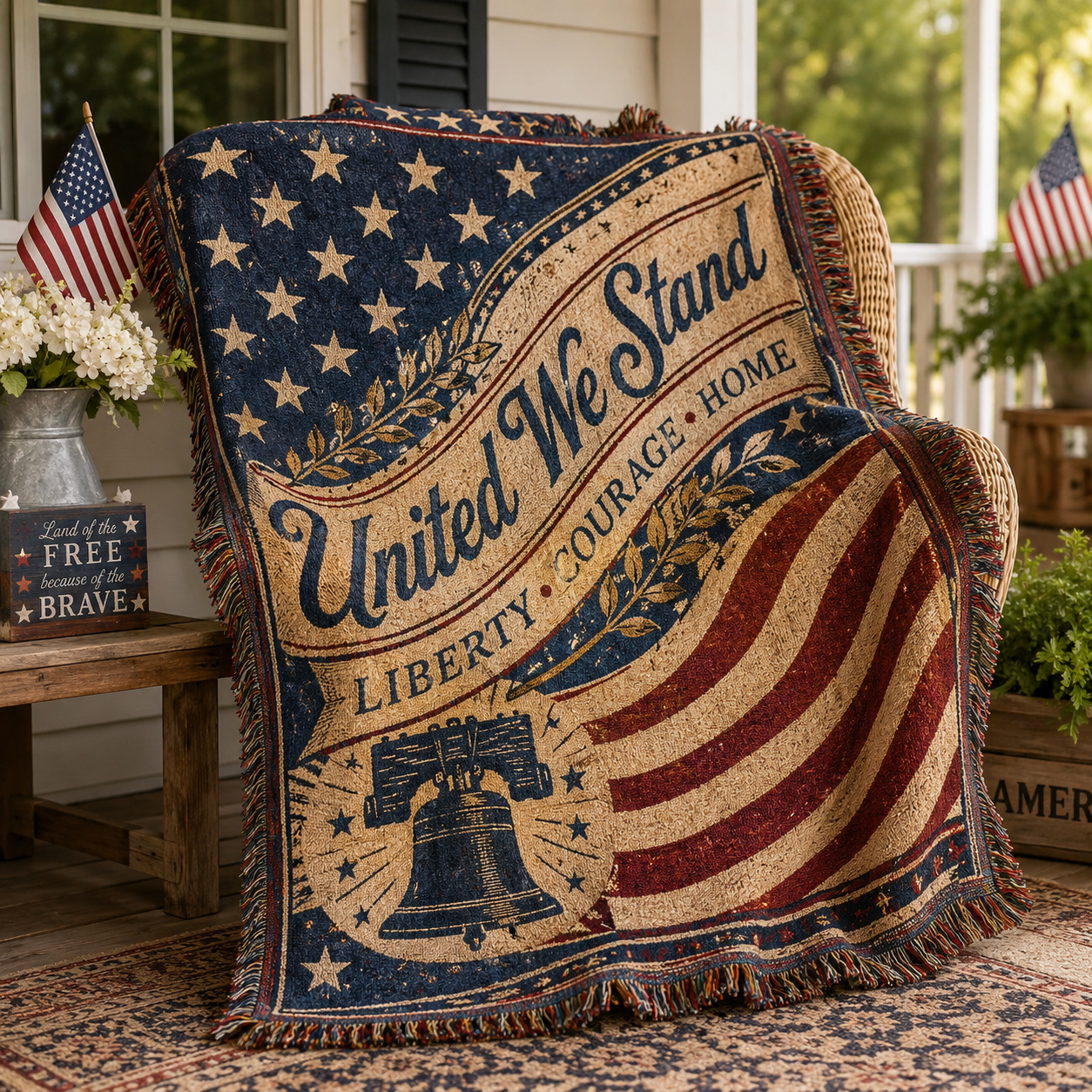 United We Stand patriotic woven blanket porch lifestyle image