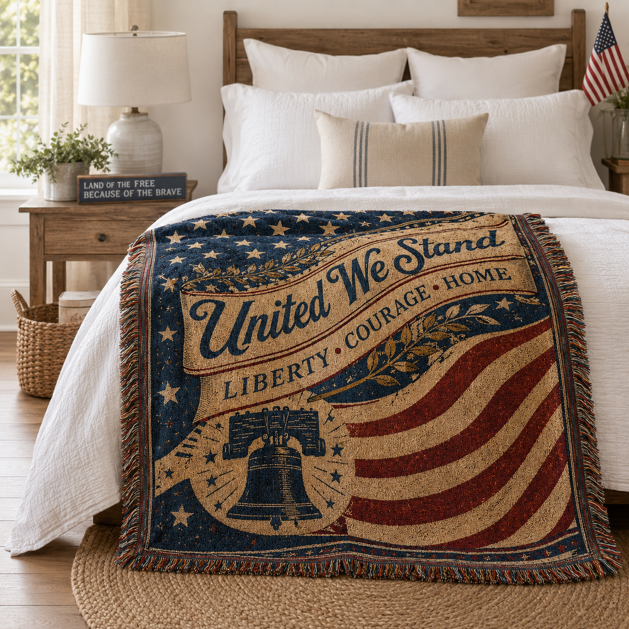 United We Stand patriotic woven blanket styled on a farmhouse bed