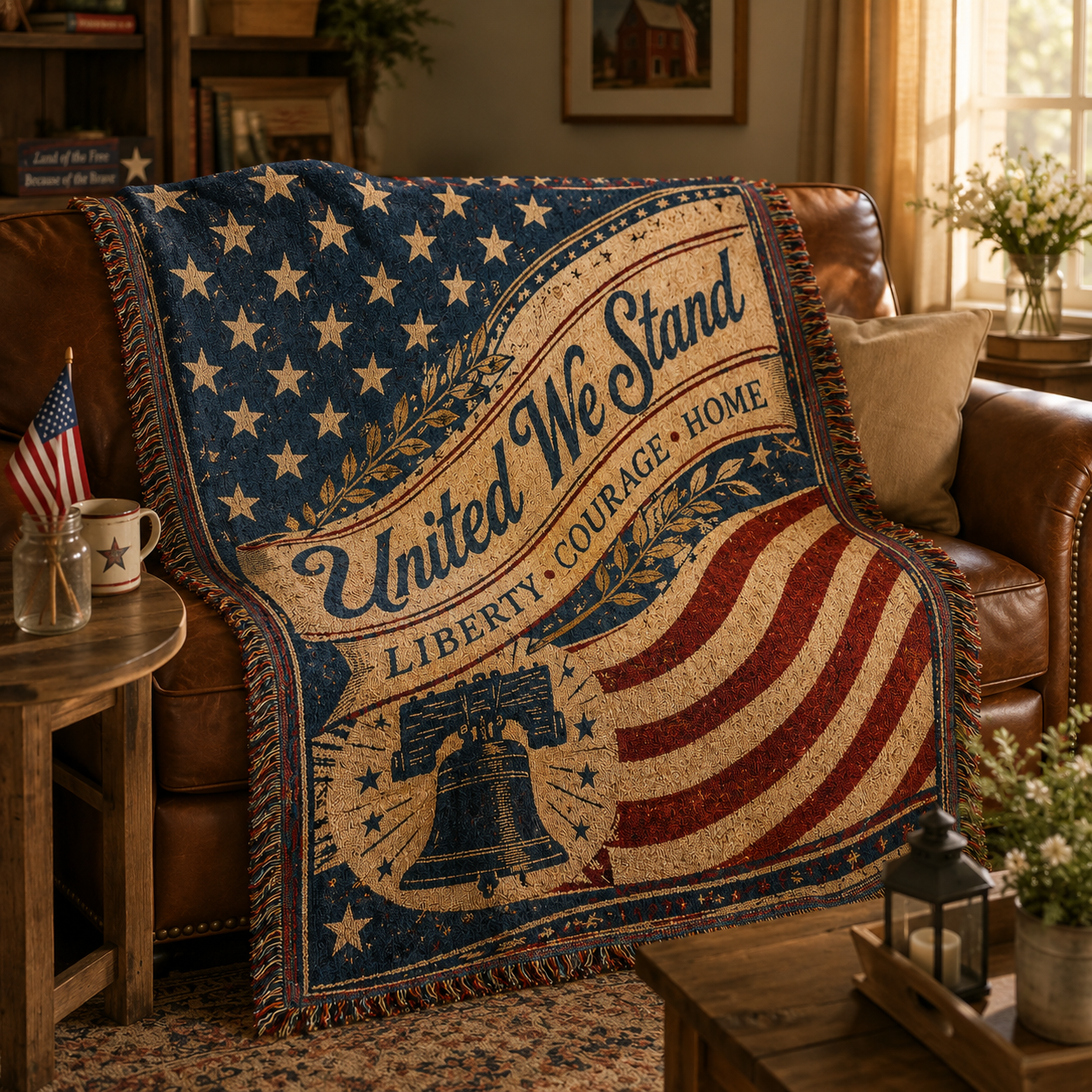 United We Stand patriotic woven blanket styled on a leather sofa