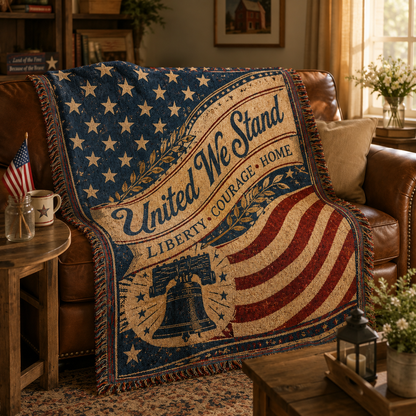 United We Stand patriotic woven blanket styled on a leather sofa