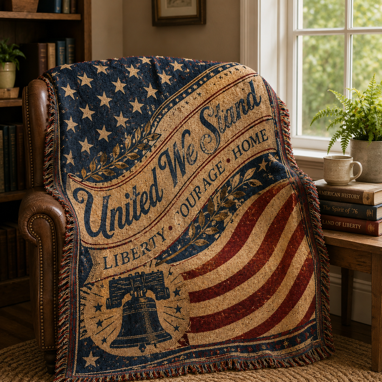United We Stand patriotic woven blanket draped on a reading chair