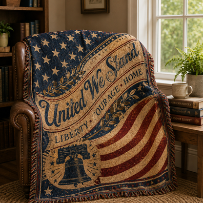 United We Stand patriotic woven blanket draped on a reading chair