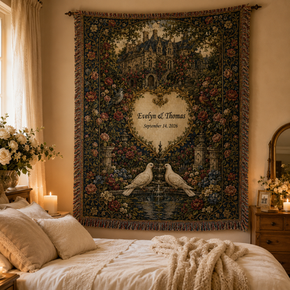 Personalized vintage wedding woven blanket displayed in a romantic newlywed bedroom