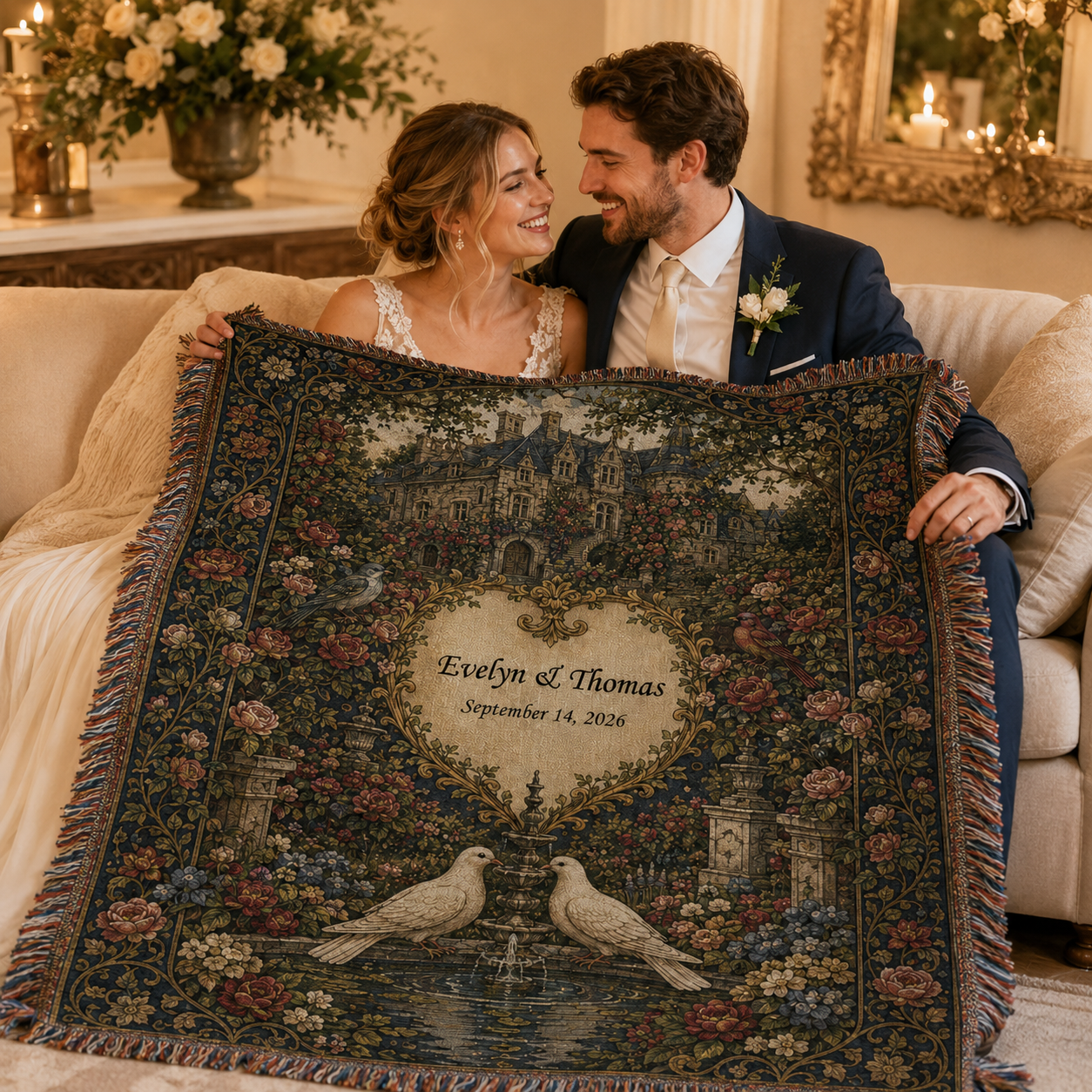 Newlywed couple holding a personalized vintage manor wedding woven blanket