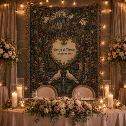 Personalized woven wedding blanket styled as a reception sweetheart table backdrop