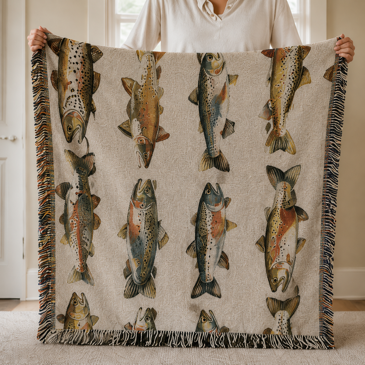 Vintage trout woven blanket full design view