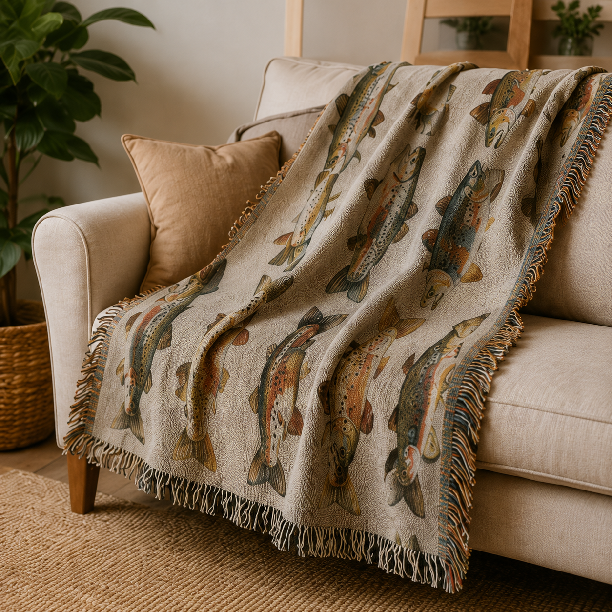 Vintage trout woven blanket styled on a cozy sofa