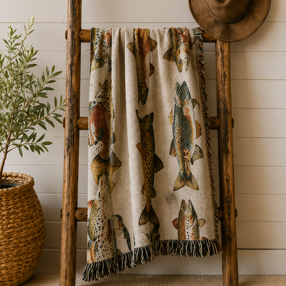 Vintage trout woven blanket displayed on a wooden ladder