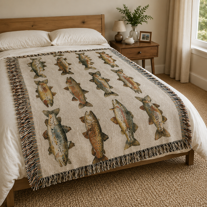 Vintage trout woven blanket styled on a neutral bedroom bed