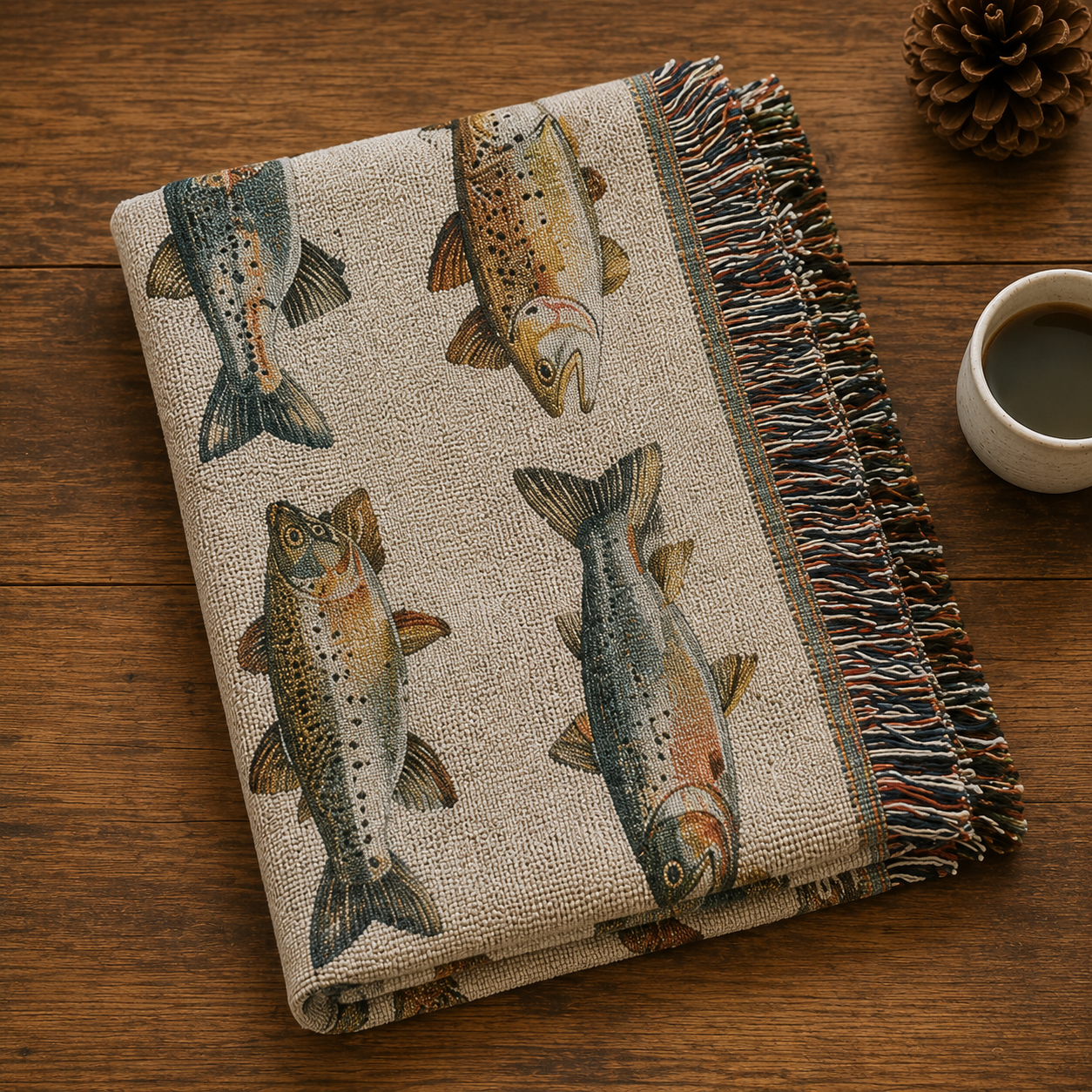Vintage trout woven blanket folded on a rustic wooden table