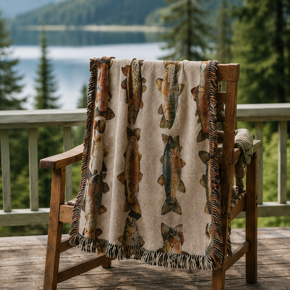 Vintage trout woven blanket displayed on a cabin deck by a lake