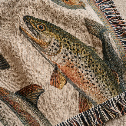Close-up of vintage trout woven blanket texture and fringe