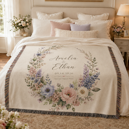 Personalized floral wedding woven blanket styled on a romantic bedroom bed