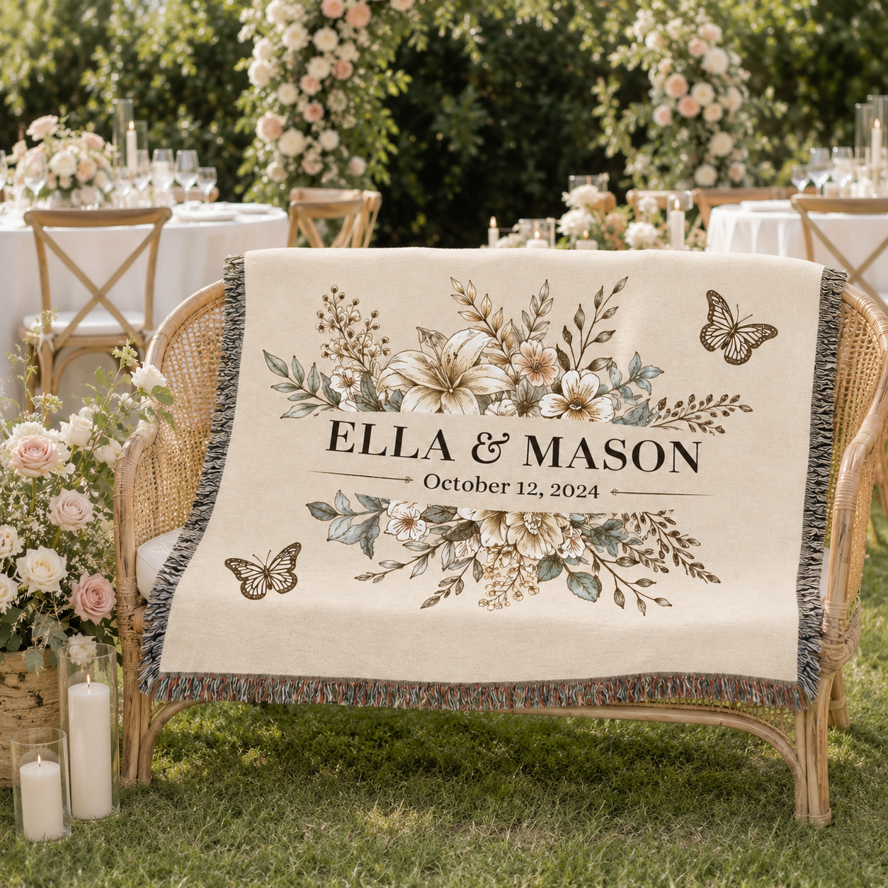 Personalized wedding blanket displayed at an outdoor garden reception