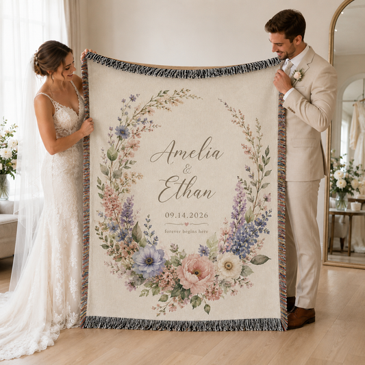 Newlywed couple holding a personalized floral wedding woven blanket