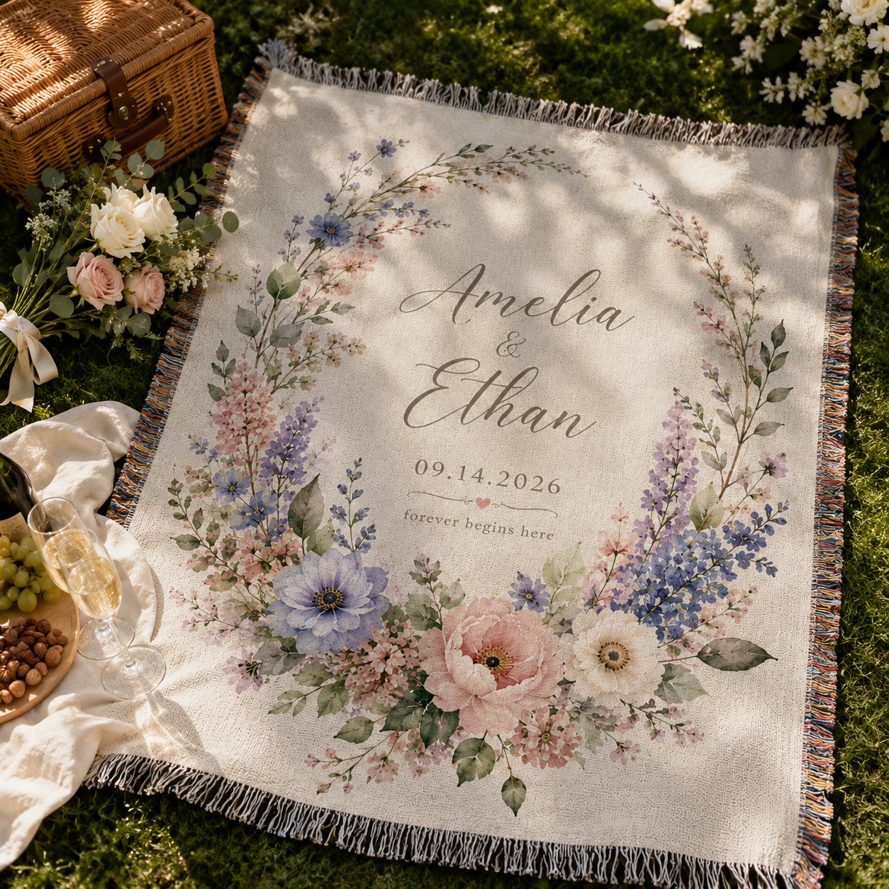 Personalized wedding woven blanket in a romantic outdoor picnic setting