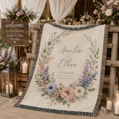 Personalized wedding woven blanket displayed at a rustic wedding reception