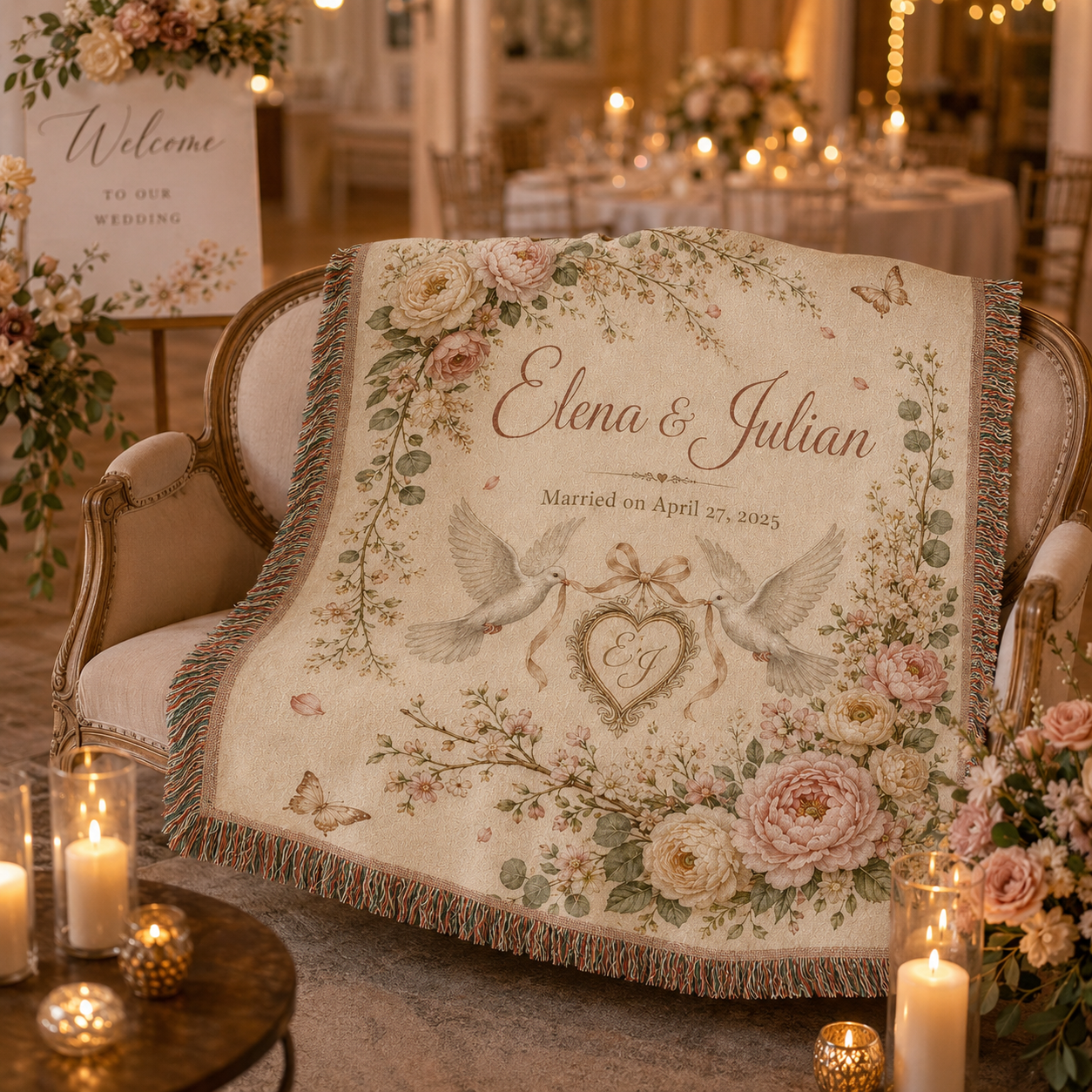 Personalized floral woven wedding blanket displayed on a vintage loveseat at a wedding reception