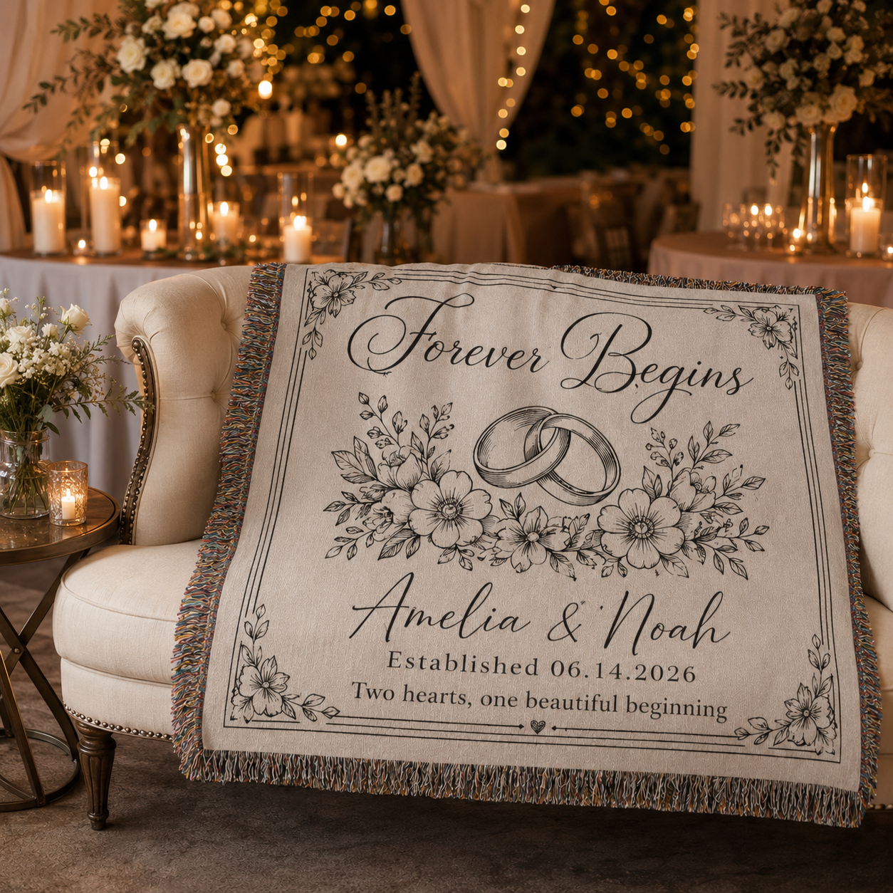 Personalized wedding woven blanket displayed in an elegant wedding reception lounge