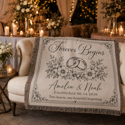 Personalized wedding woven blanket displayed in an elegant wedding reception lounge