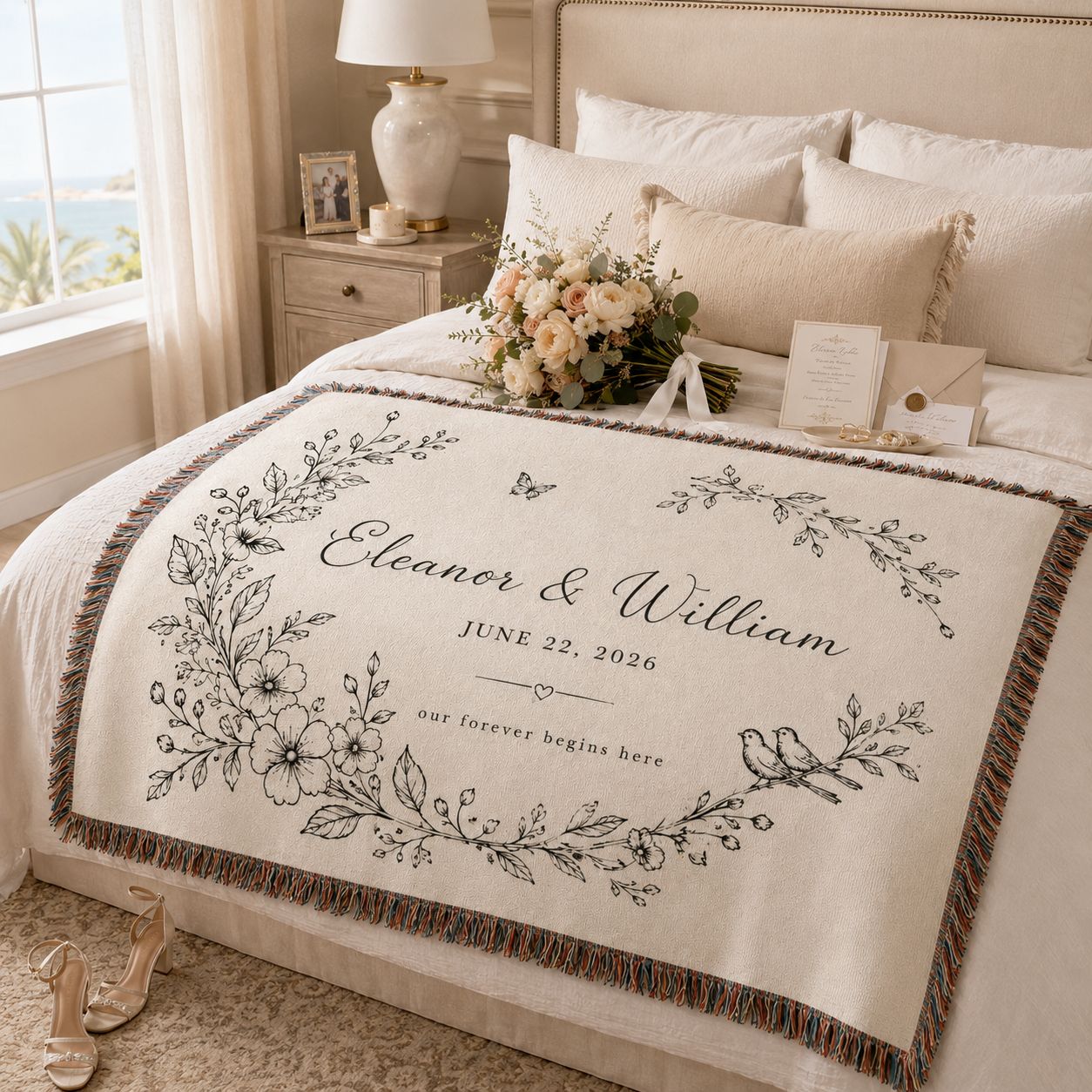 Personalized wedding woven blanket styled in an elegant bridal suite
