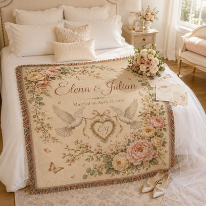 Personalized wedding woven blanket styled in a bright bridal suite with bouquet and wedding accessories