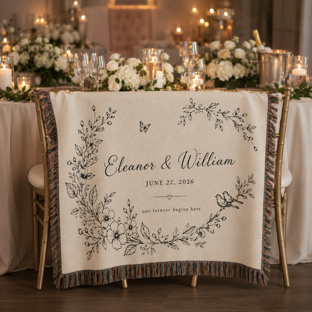 Personalized wedding woven blanket displayed at an elegant reception