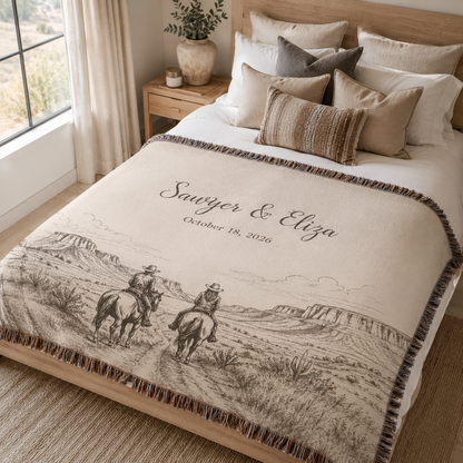 Personalized western couple woven blanket with custom names and date displayed on a neutral bedroom bed