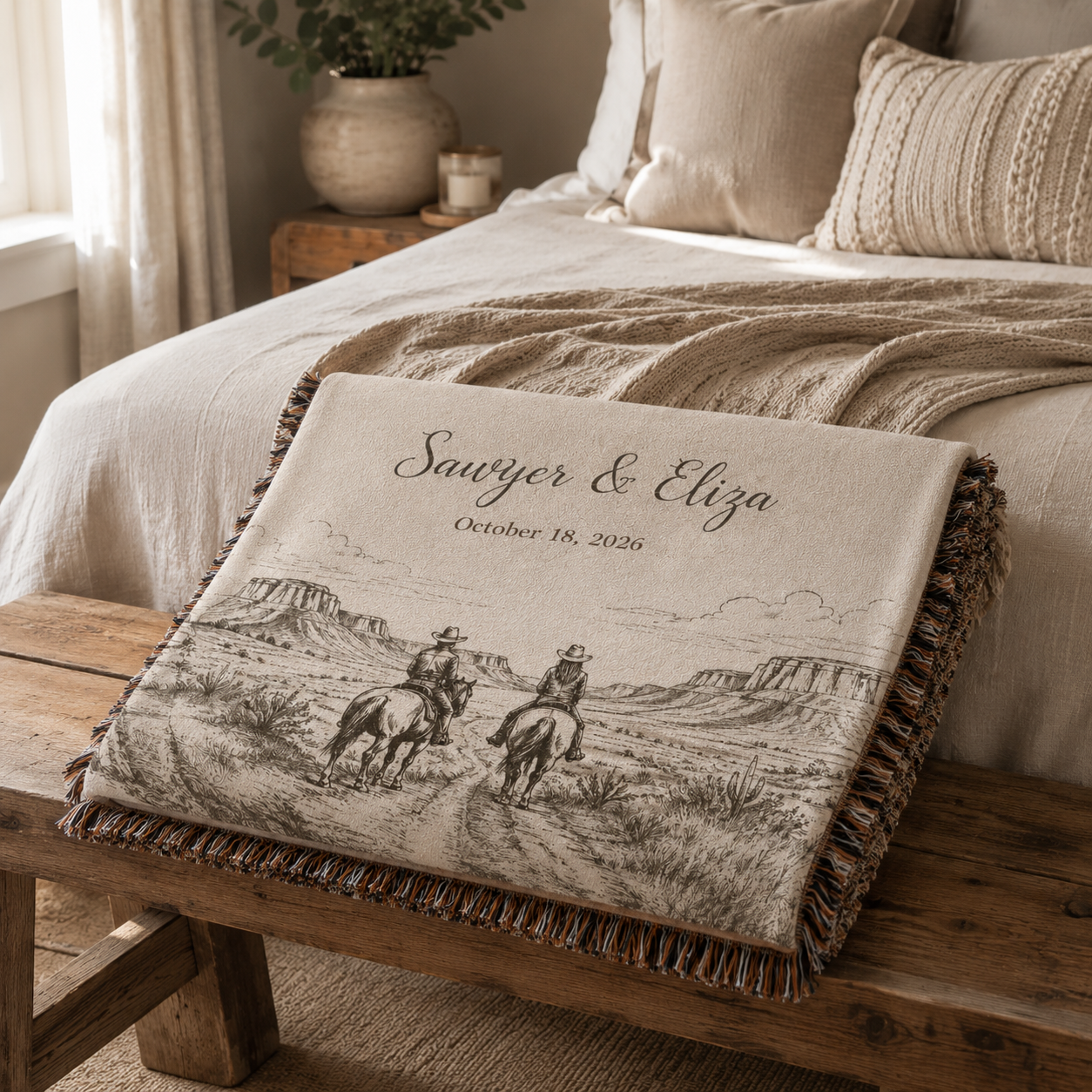 Personalized western couple woven blanket folded on a rustic bench with custom names and horseback artwork