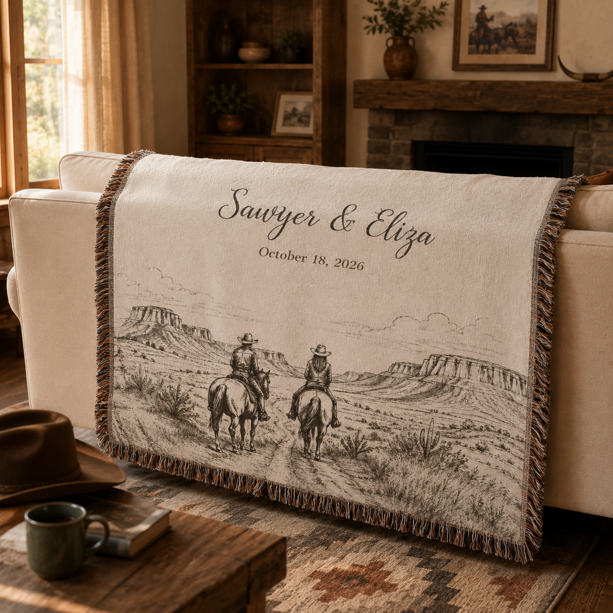 Personalized western couple woven blanket draped over a cream sofa in a rustic living room