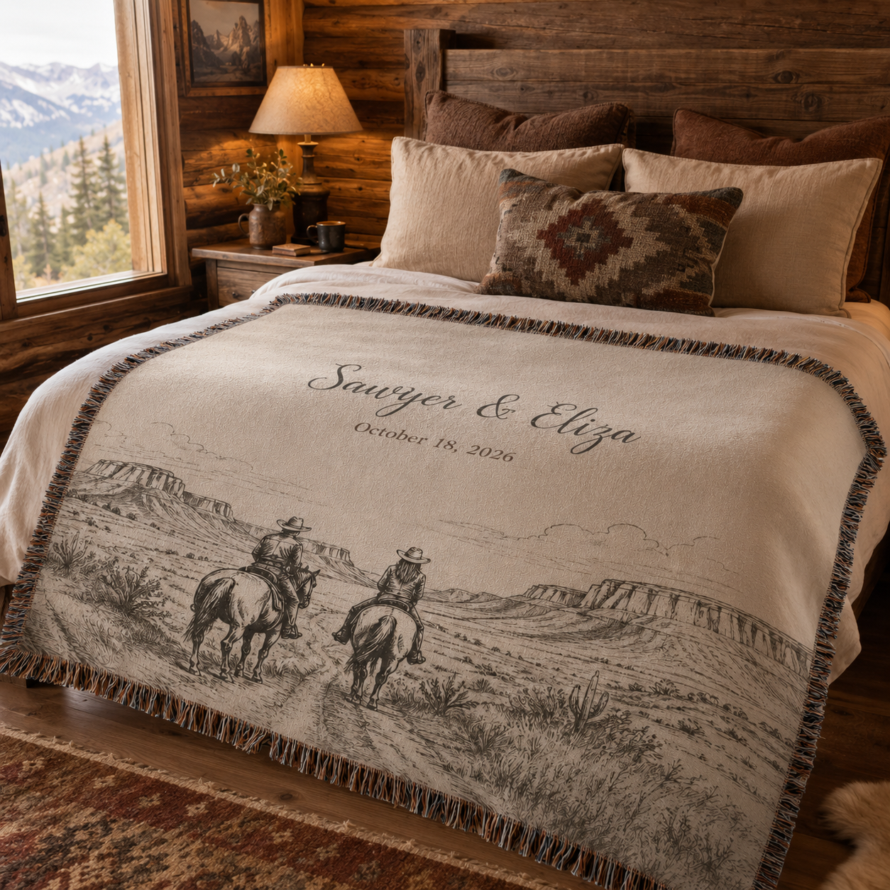 Personalized western couple woven blanket styled on a cozy rustic cabin bedroom bed
