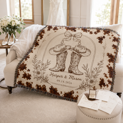 Personalized western wedding blanket styled in a bright bridal suite