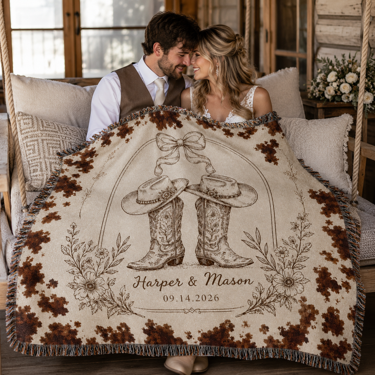 Newlywed couple cuddling under a personalized western wedding woven blanket