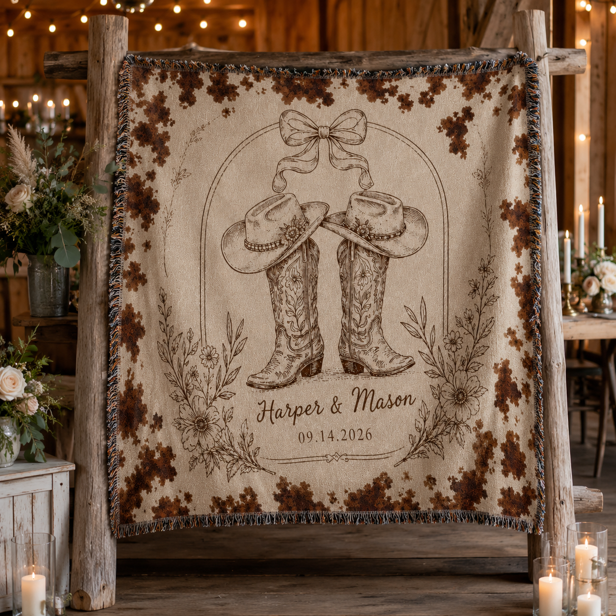 Personalized woven wedding blanket displayed at a rustic barn venue