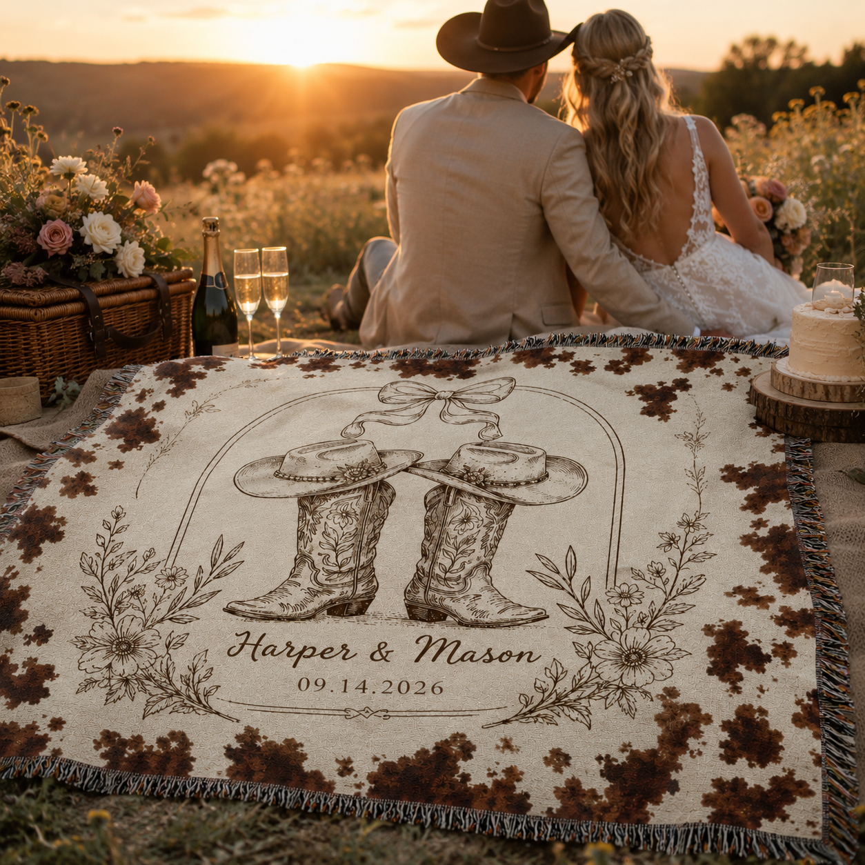 Personalized western wedding blanket at a romantic sunset picnic