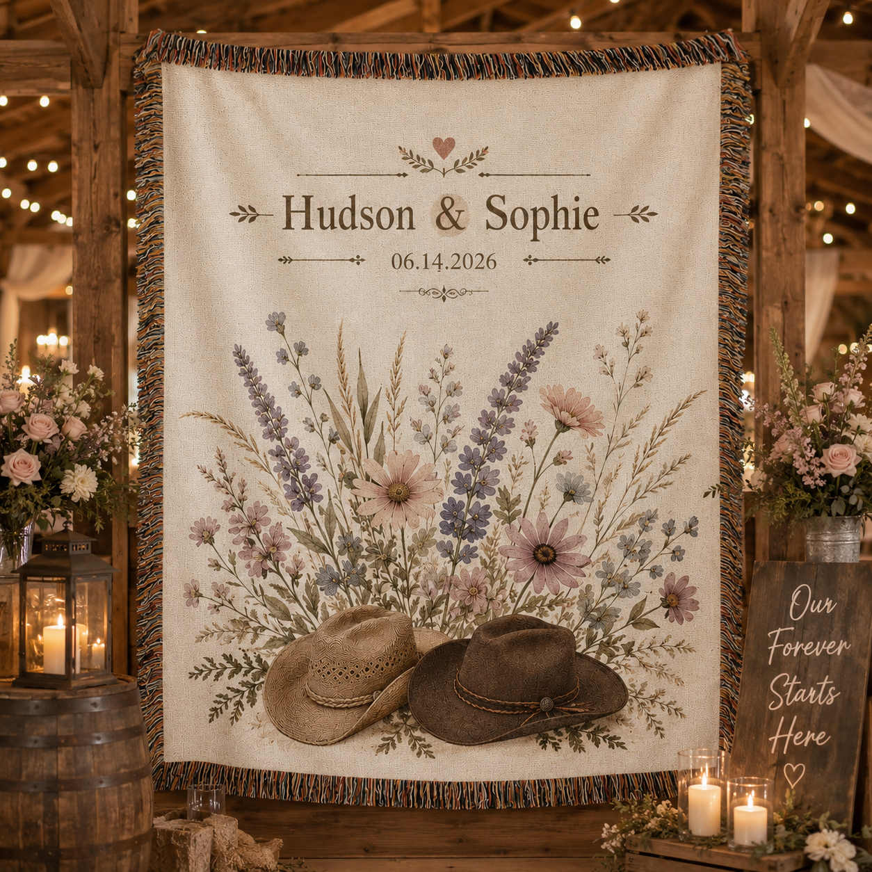 Personalized western wedding woven blanket displayed at a rustic wedding reception