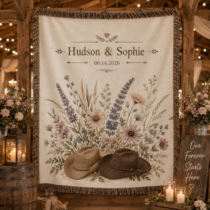 Personalized western wedding woven blanket displayed at a rustic wedding reception