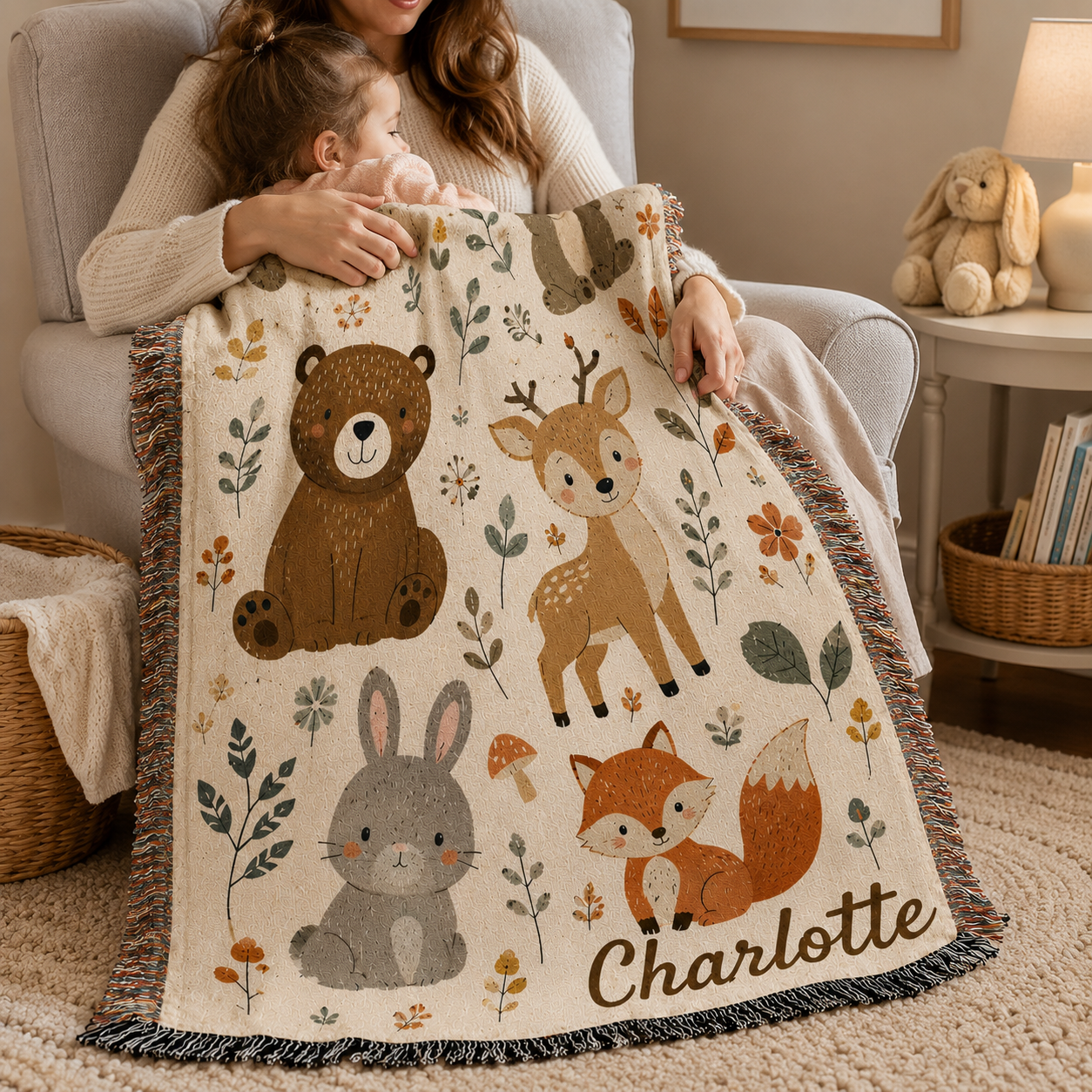 Woodland animals woven blanket draped on rocking chair