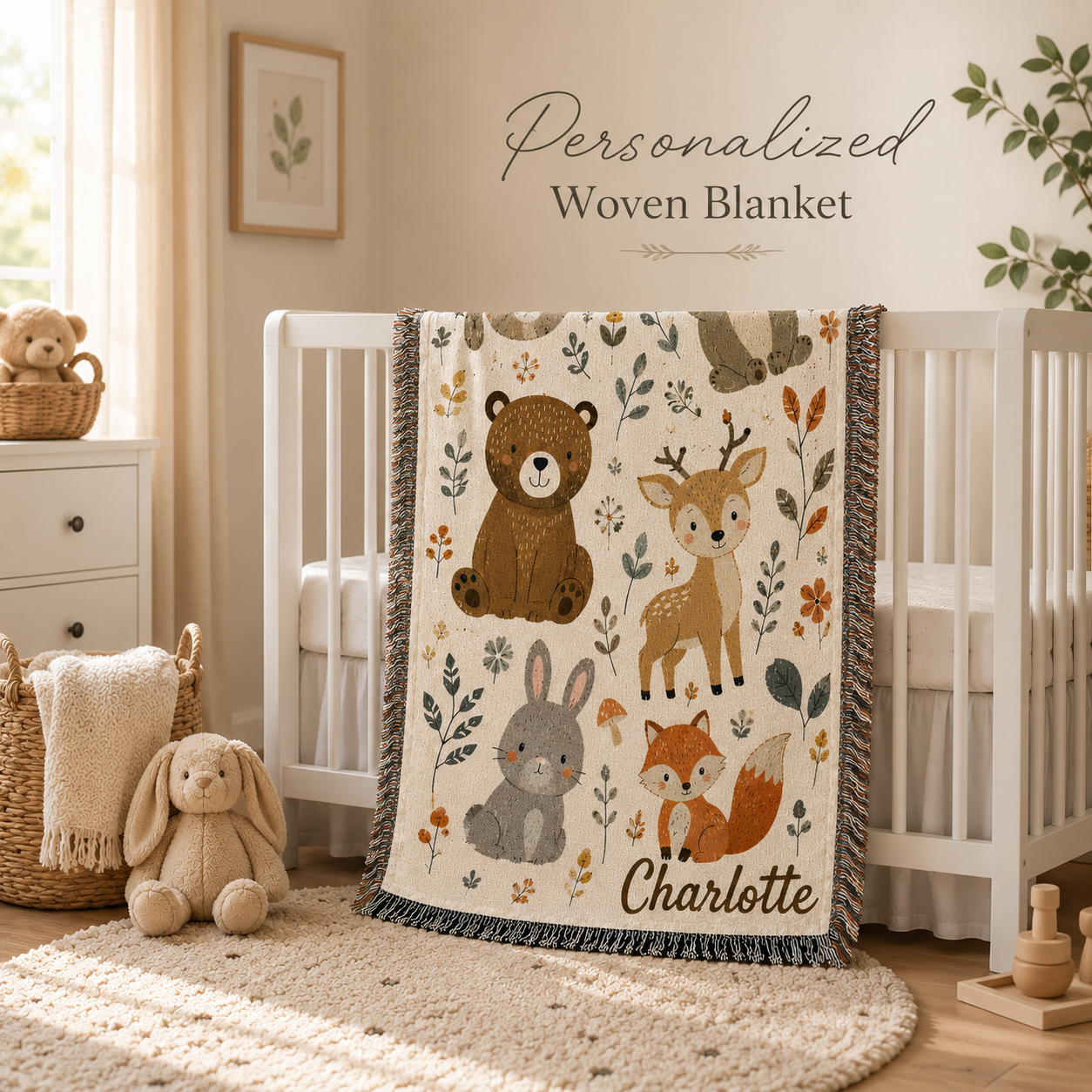 Woodland animals woven blanket displayed as nursery wall decor