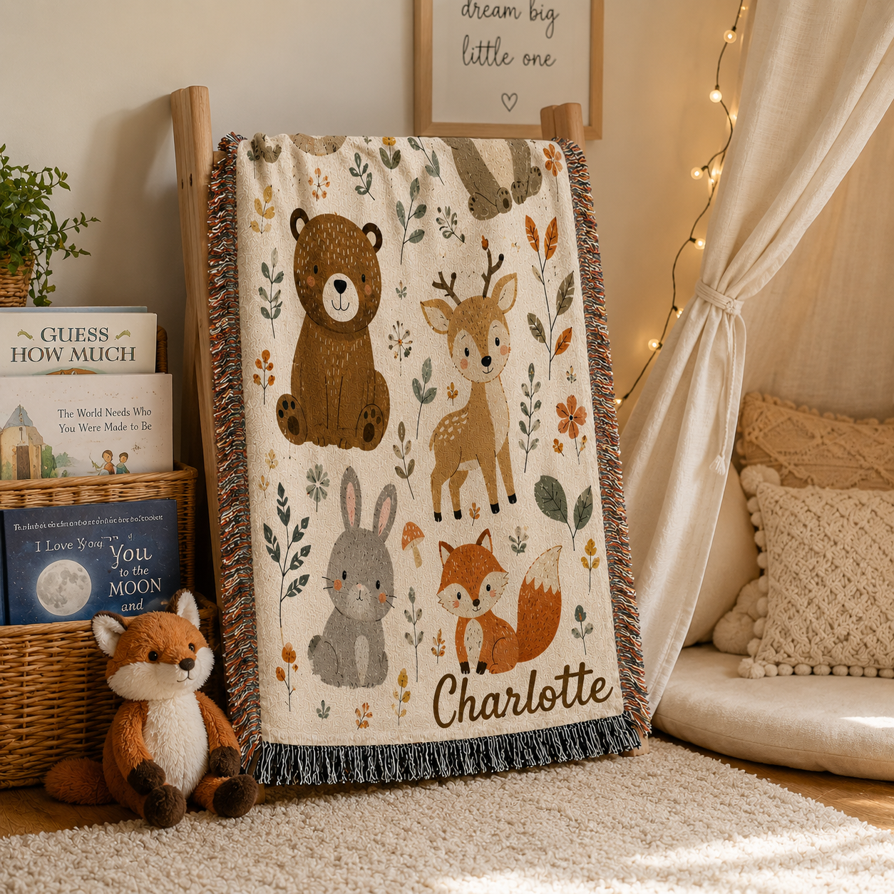 Woodland animals woven blanket close up