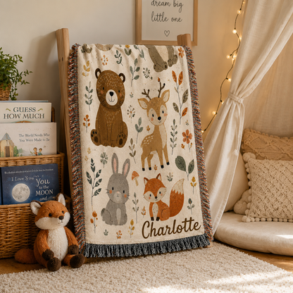 Woodland animals woven blanket close up