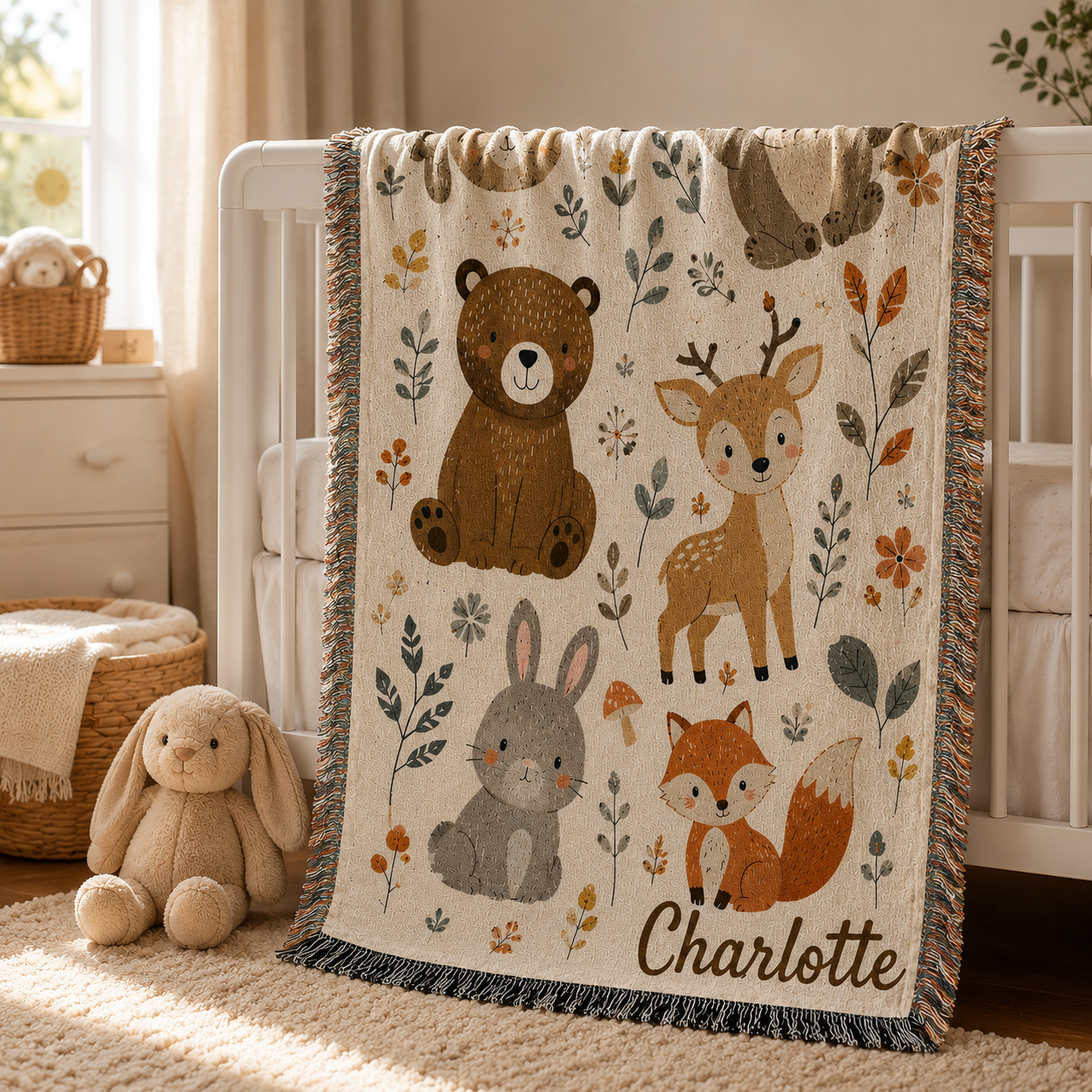 Woodland animals woven blanket in cozy reading corner
