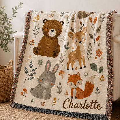 Woodland animals woven blanket lifestyle scene with child and parent