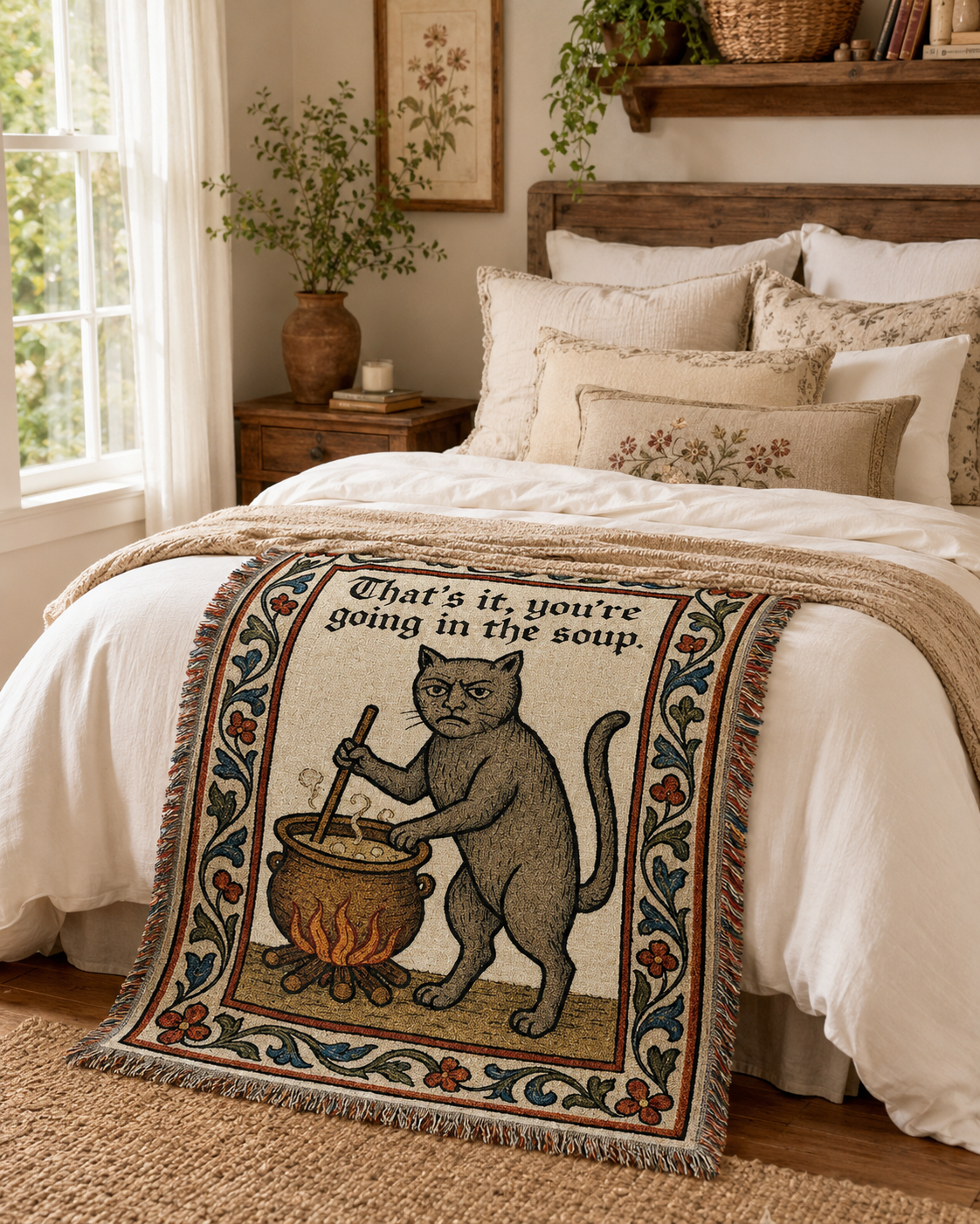 Funny medieval cat woven blanket in a cozy bedroom