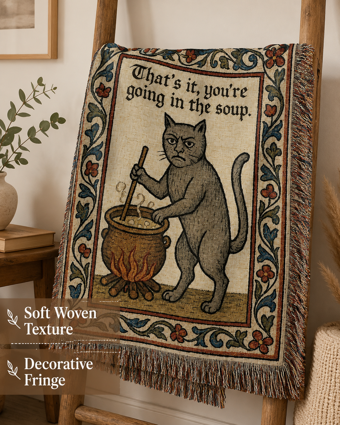 Woven blanket texture and decorative fringe detail