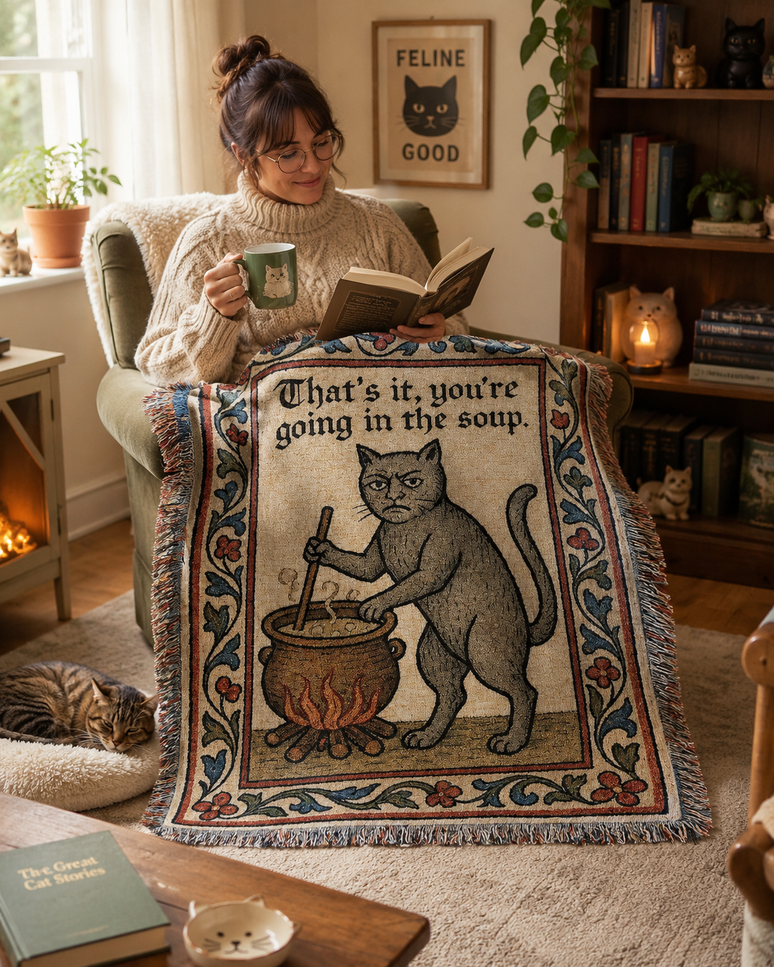 Funny medieval cat woven blanket in a cozy cat lover reading room