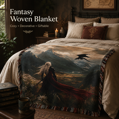 Fantasy woven blanket draped across a cozy bed